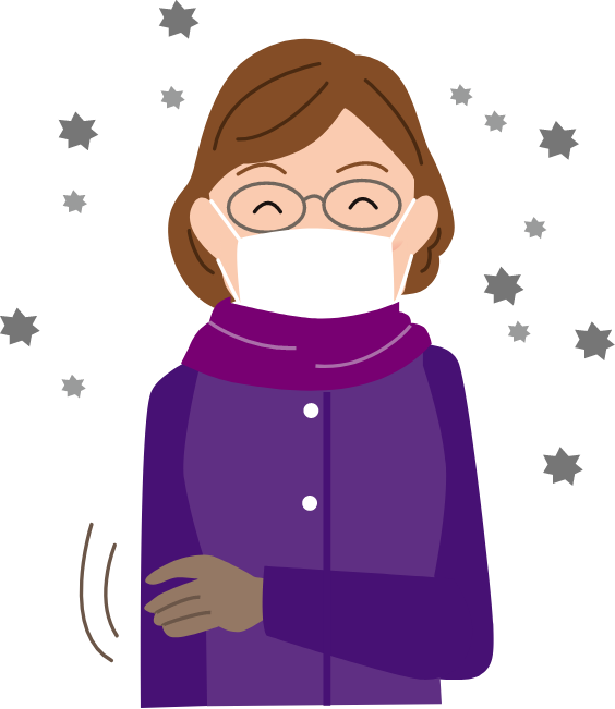 顔にフィットしたマスクやメガネで花粉を避ける女性のイラスト。家の中に花粉を持ち込まないようにコートについた花粉を払っている。