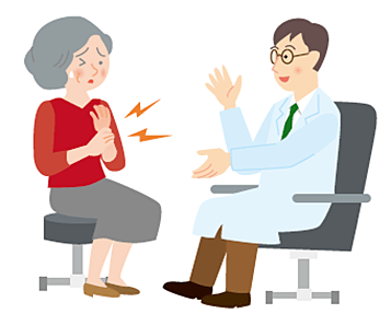 診察室で手首の痛みを訴える女性の患者と診察するお医者さんのイラスト。