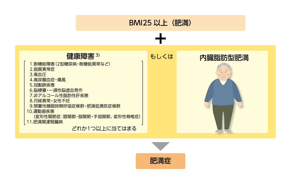 「肥満症」の定義を表したイラスト。BMI25以上（肥満）の人で、健康障害が1つ以上当てはまる場合、もしくは内臓脂肪型肥満である場合を「肥満症」と呼ぶ。健康障害とは、「耐糖能障害（2型糖尿病・耐糖能異常など）」「脂質異常症」「高血圧」「高尿酸値血症・痛風」「冠動脈疾患」「脳梗塞・一過性脳虚血発作」「非アルコール性脂肪性肝疾患」「月経異常・女性不妊」「閉塞性睡眠時無呼吸症候群・肥満低換気症候群」「運動器疾患（変形性関節症・膝関節・股関節・手指関節・変形性脊椎症）」「肥満関連腎臓病」を指します。