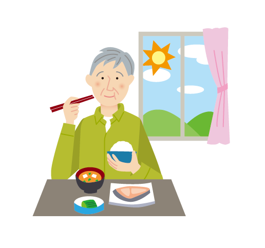 朝食をしっかりと食べている男性の様子を描いたイラスト。