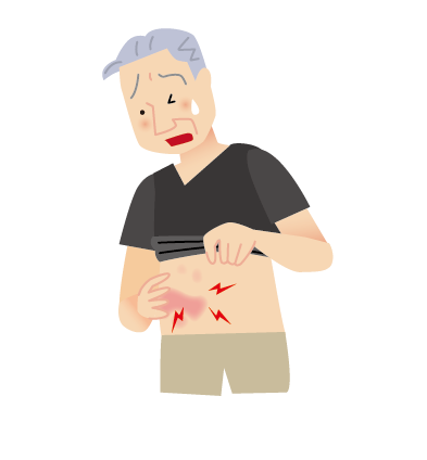 腹部にできた帯状疱疹の痛みに悩んでいる高齢男性のイラスト。