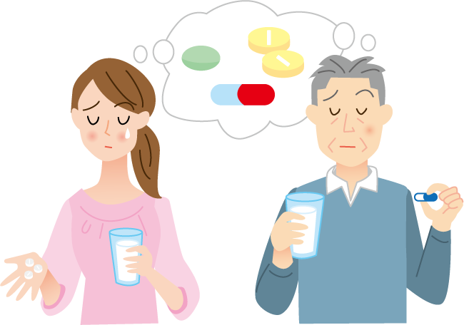片手に水の入ったコップを持った、お薬が飲みにくいことについて悩んでいる男性と女性のイラスト。