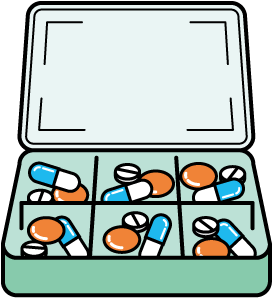 ピルケースのイラスト。イラストの下に、「くすりを1回ごとにケースに入れておきます。持ち運びすることもできます。」の文字。