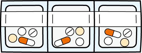 「くすりの一包化」の文字の下に、錠剤4錠が1包にまとめられたものが、3包連なったイラスト。イラストの下に、「たくさんのくすりを飲む必要がある場合、飲むタイミングが同じくすりを薬局で一つにまとめてもらう方法です。医師や薬剤師に相談してみましょう。」の文字。