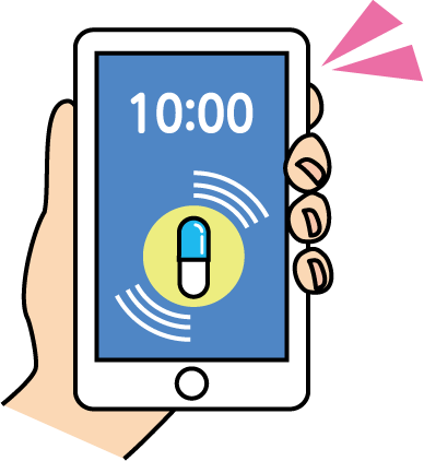10時のアラームが鳴っているスマートフォンのイラスト。イラストの下に、「飲む時間になるとアラームでお知らせしてくれるものなどがあります。」の文字。