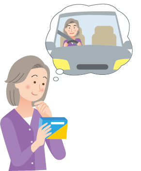 くすりの説明文を読んで、車の運転について考えている女性のイラスト。