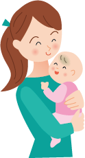 赤ちゃんを抱っこし、やさしく微笑む母親のイラスト。